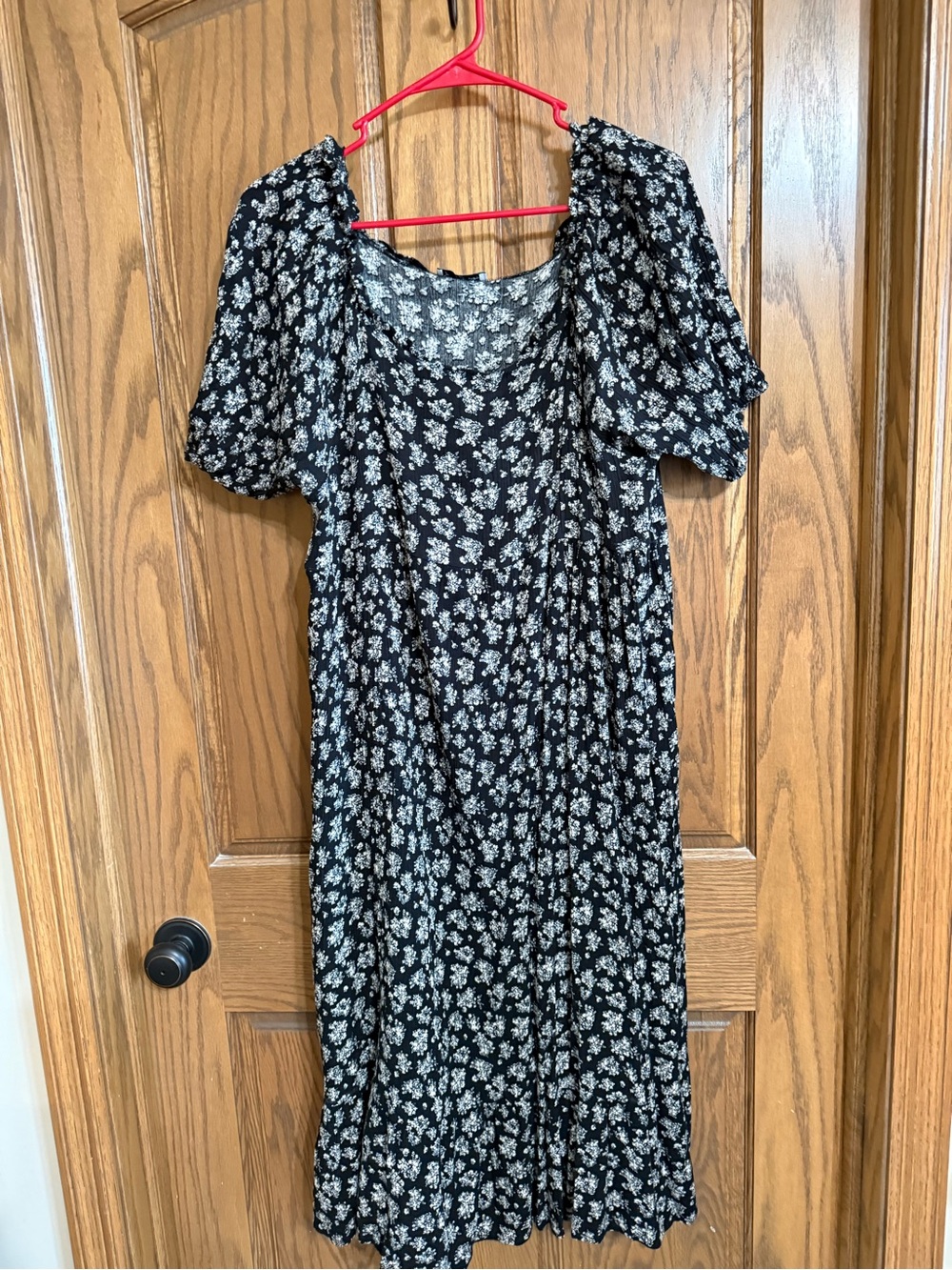 Polagram Black Floral Midi Dress with Puff Sleeves
